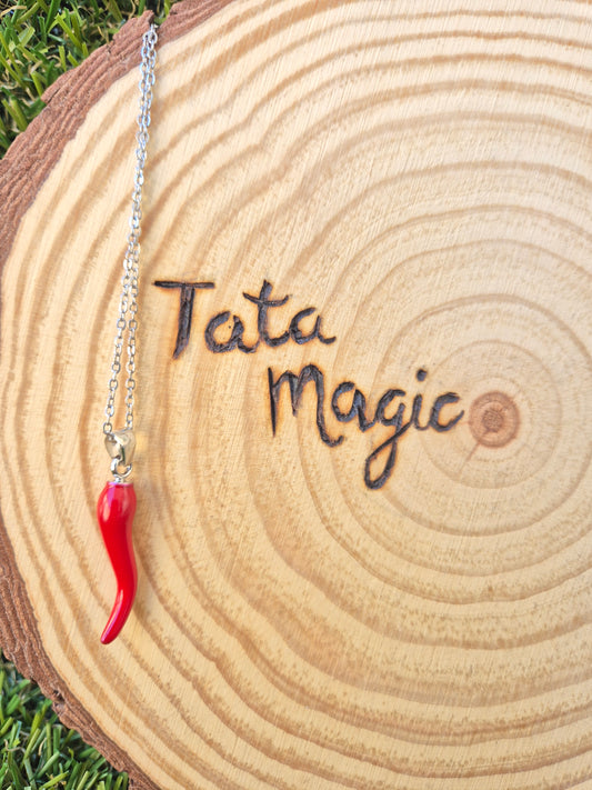 Colgante Cornicello Rojo con cadena en Acero inoxidable plateado consagrado - Amuleto Protector