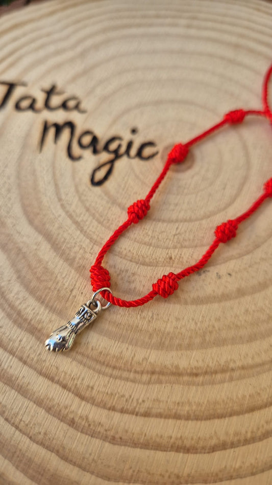 Pulsera 7 Nudos Roja con Figa en Acero Plateado - Amuleto de Protección