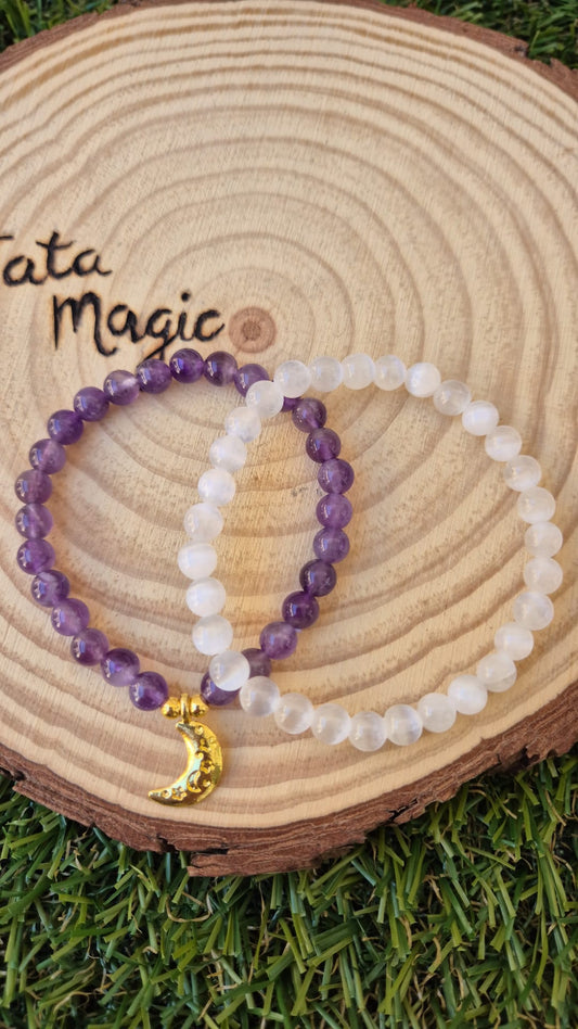 Pulsera Amatista y Selenita 6mm- Twing Pack Protección y Conexión Intuitiva