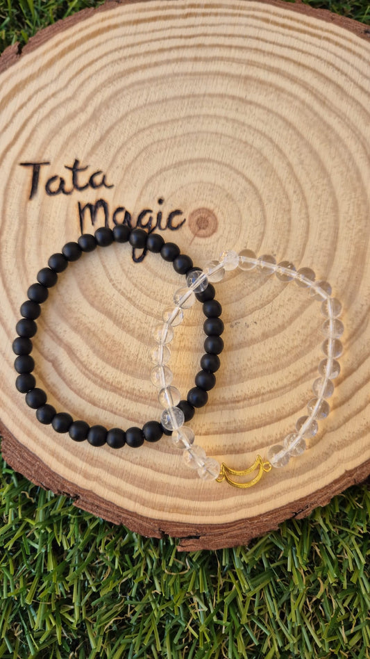 Pulseras Shaligram y Cuarzo Cristal 6 mm- Twing Pack Equilibrar el Yin Yang