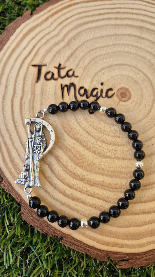 Pulsera Turmalina con La Santa Muerte en Plata Consagrada - Protección