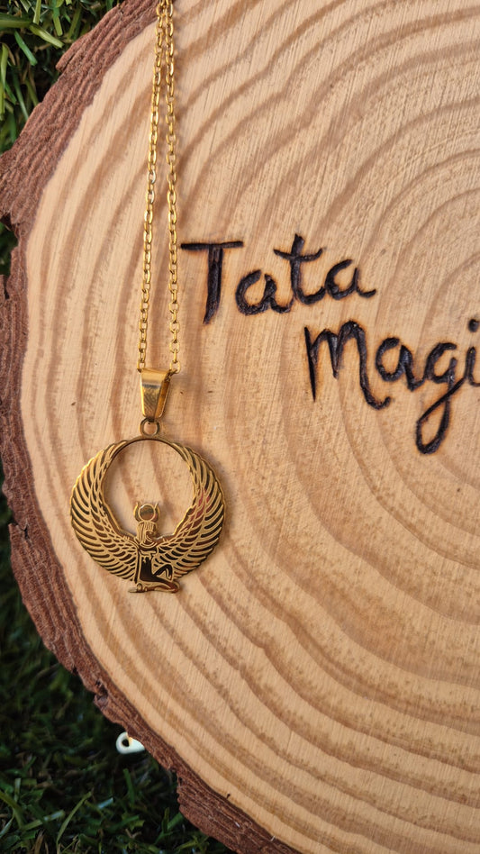 Colgante Isis Redondo en Acero Dorado - Consagración de Udjat de Protección y Energía Femenina