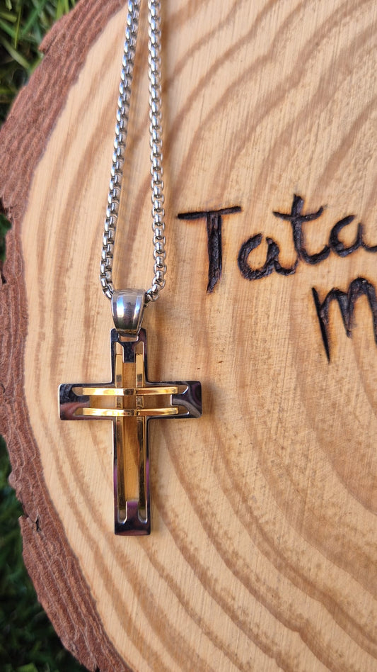 Colgante Cruz en Acero Plateado y Dorado Consagrada - Protección y Equilibrio Unisex