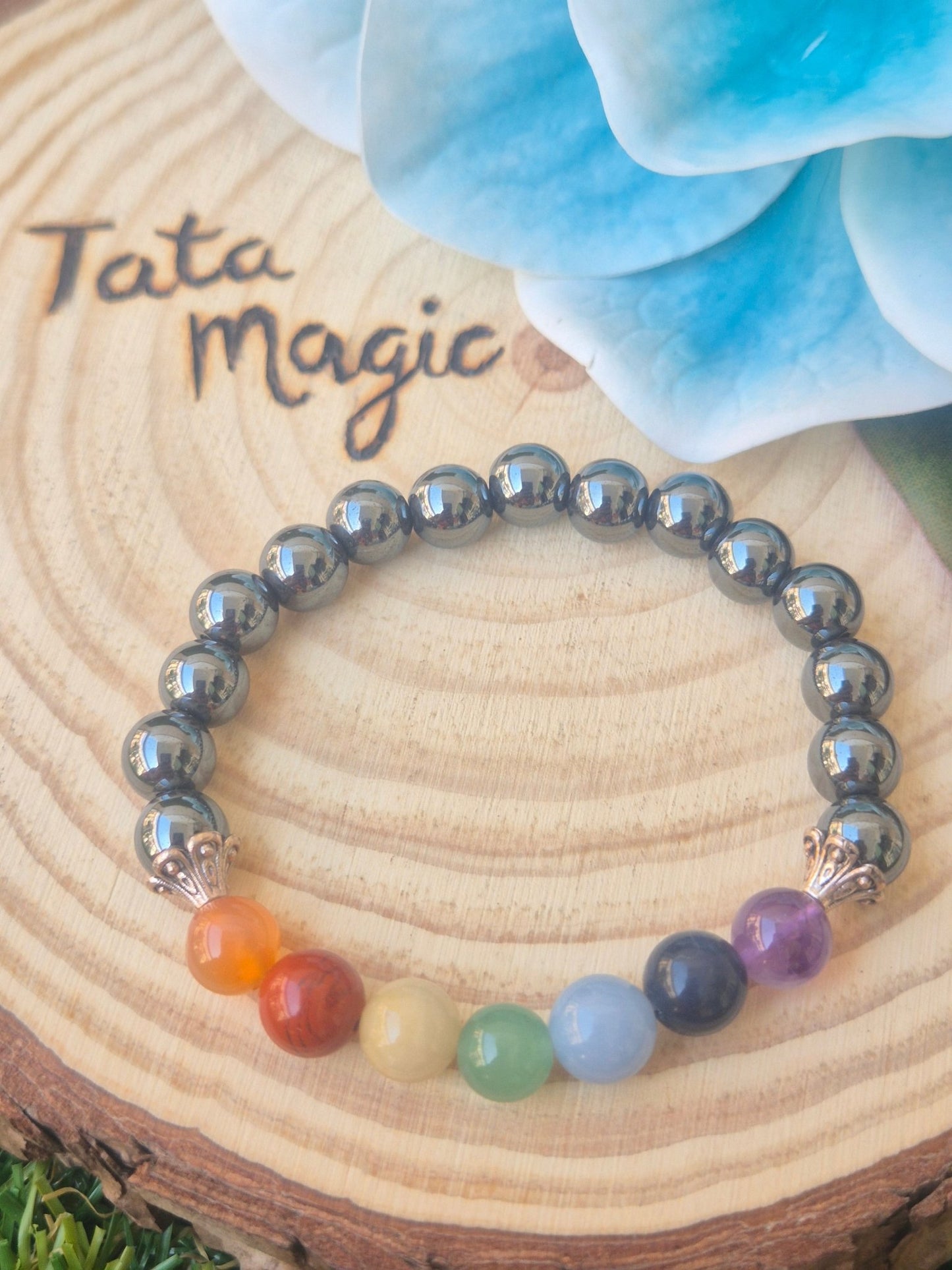 Pulsera de hematita 7 chakras 8mm - Equilibrio y Protección Energética Tienda esotérica Málaga - La Tienda de Tata Magic: tienda Esotérica en Málaga