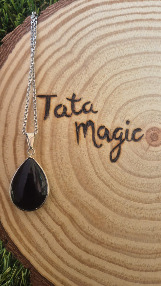 Colgante Gota de Obsidiana en Baño de Plata - Amuleto de Protección y Limpieza Energética (Sin cadena)