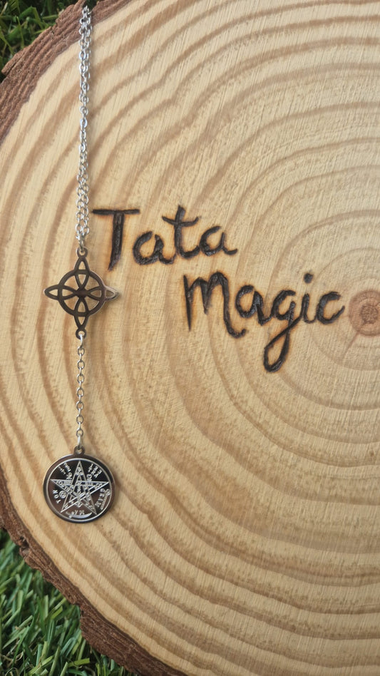 Colgante acero doble proteccion nudo de bruja y Tetragrammaton serigrafiado consagrado