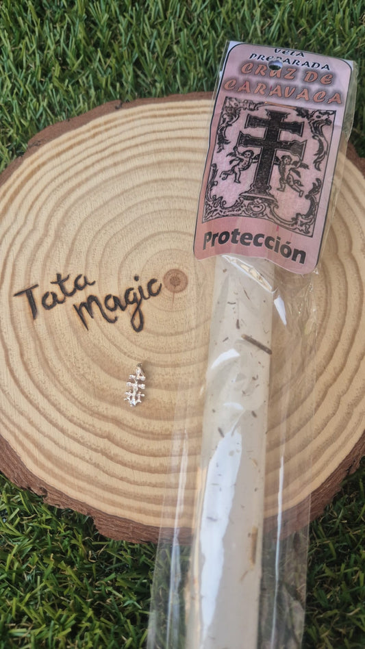 Pack Colgante Cruz de Caravaca en Plata + Vela Ritualizada - Protección y Fe