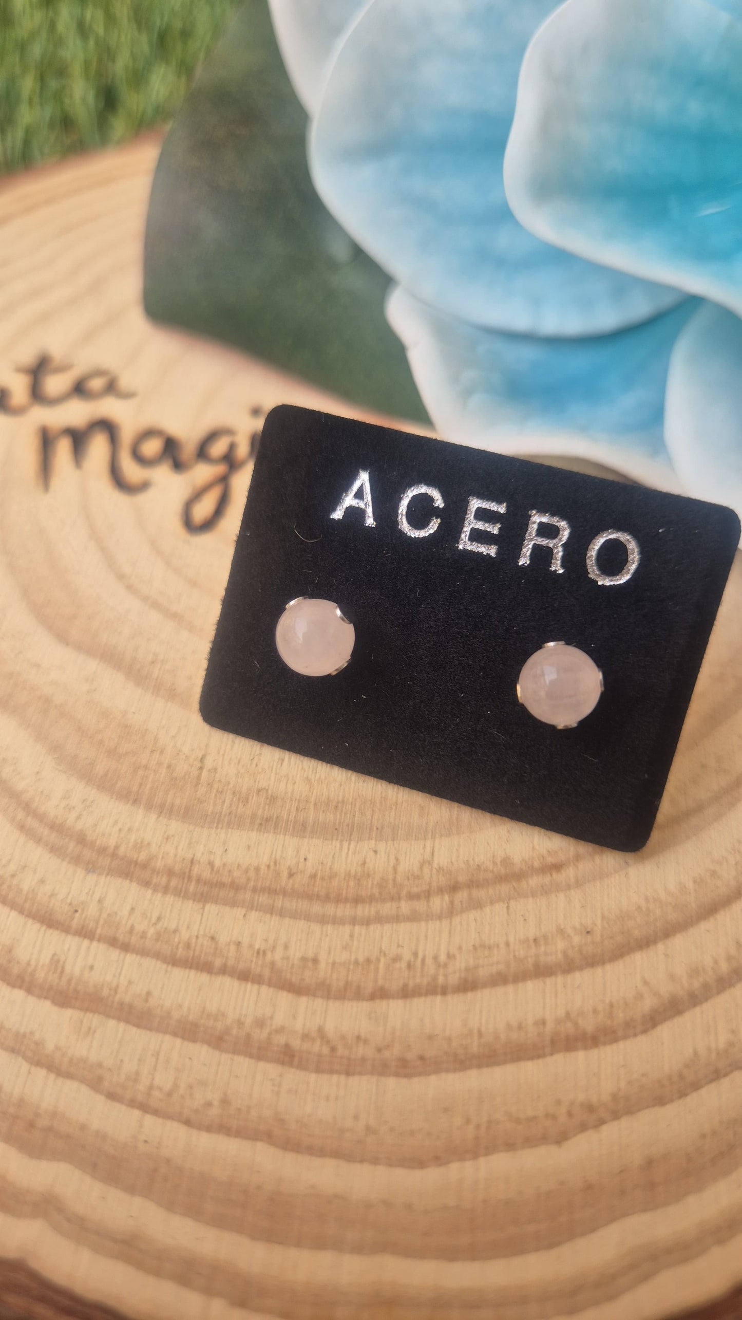 Pendientes cuarzo rosa acero