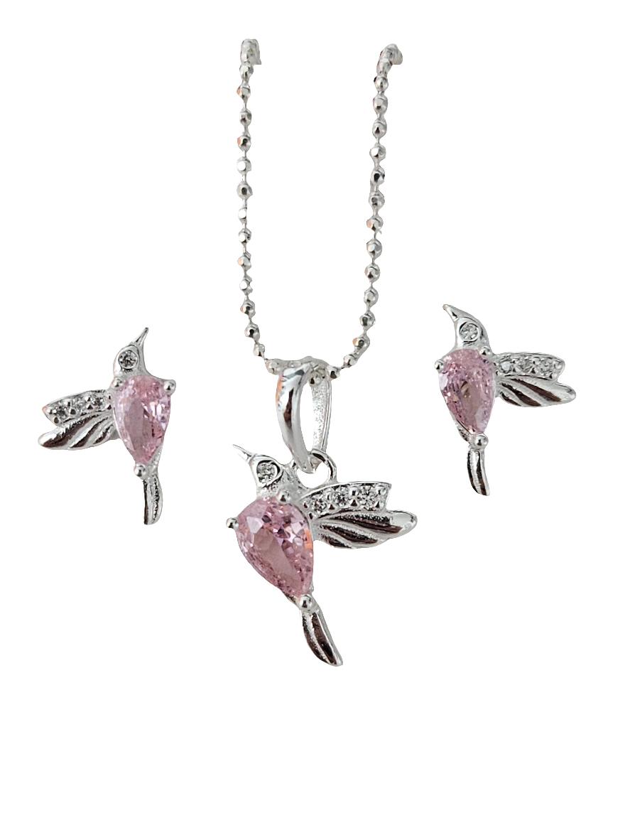 Kit Colibrí Plata 925 Con Cuarzo Rosa