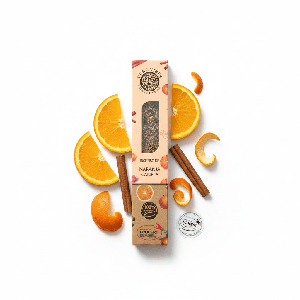 Incienso Naranja y Canela Ecocert con rodajas de naranja y canela, aromatizando el hogar.