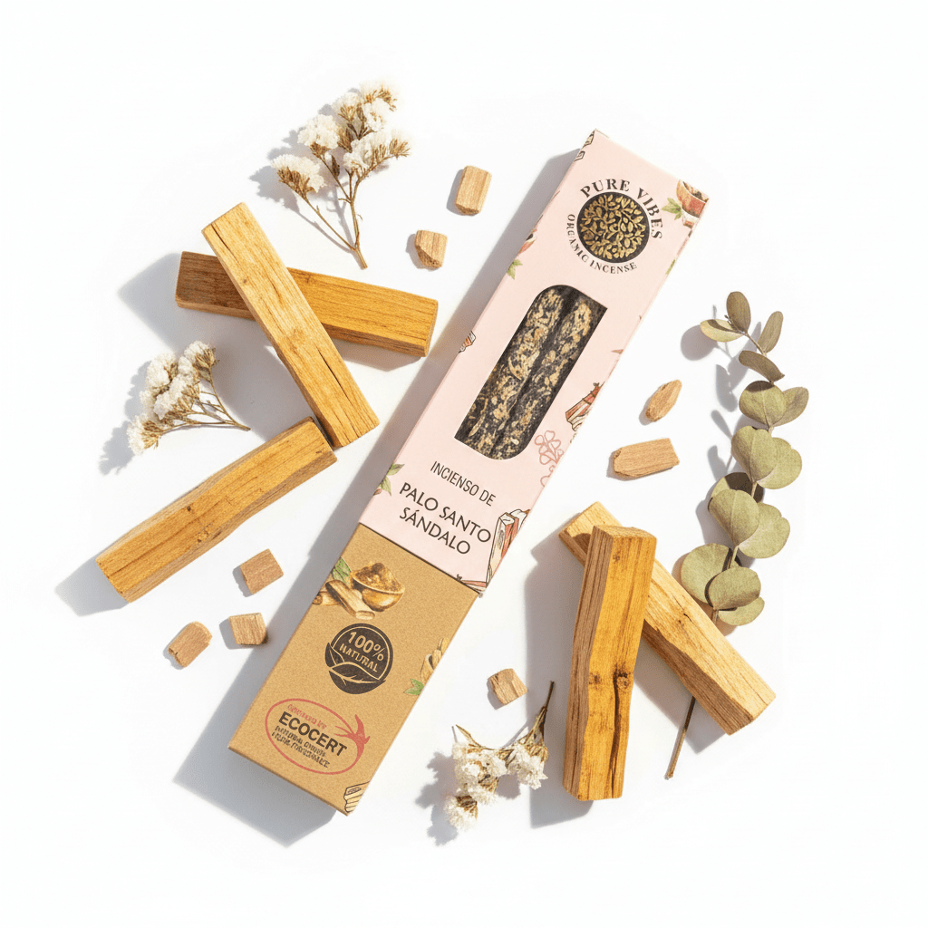 Incienso Palo Santo Sandalo Ecocert en envase atractivo con palitos de palo santo y flores secas.