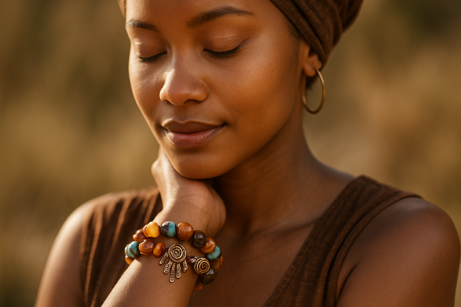 la imagen de una mujer donde se vea en su brazo una Pulsera Protección Africana