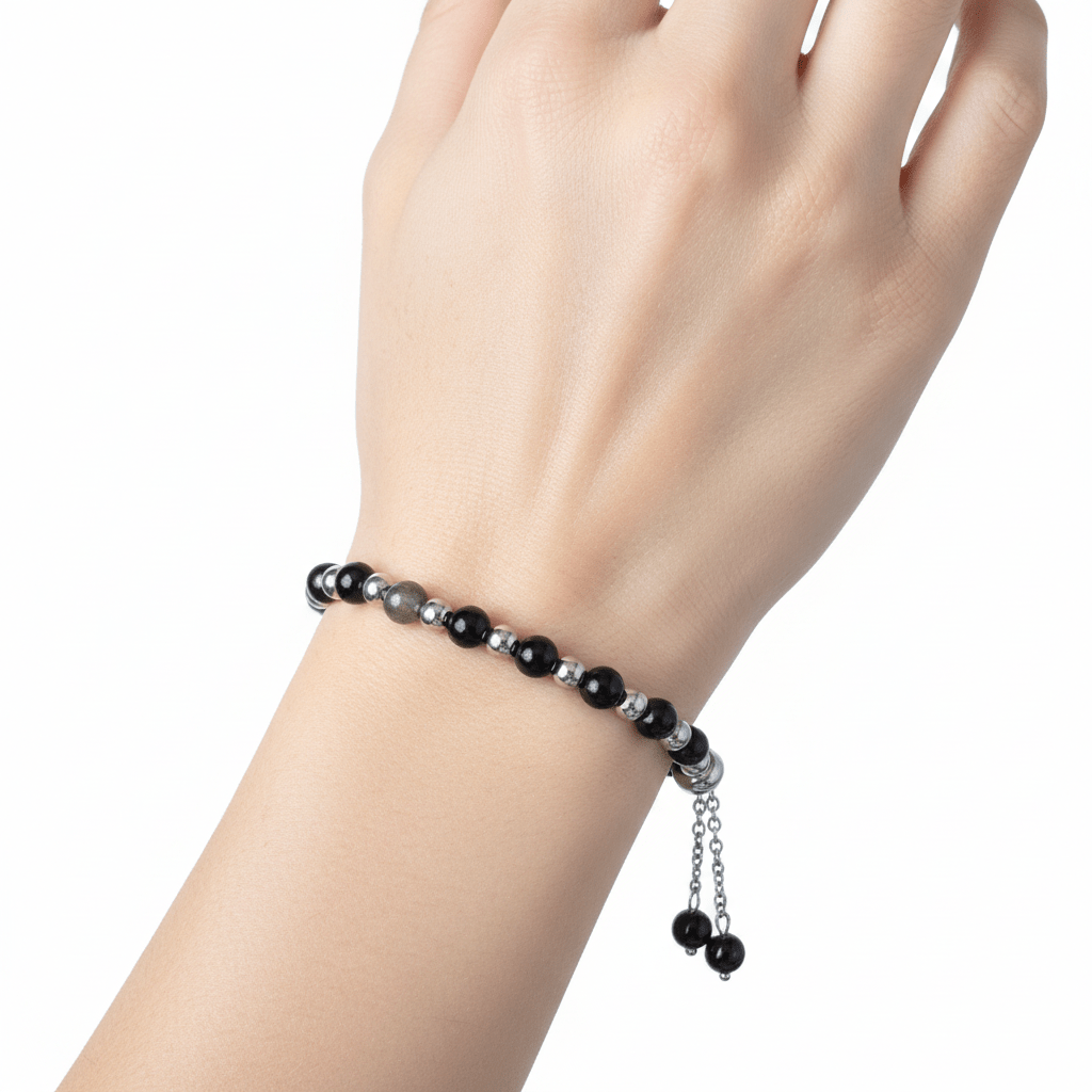Pulsera Obsidiana y Acero 6mm | Protección, Fuerza y Arraigo Pulseras de MineralesTienda esotérica Málaga - Tata Magic: tienda Esotérica en Málaga