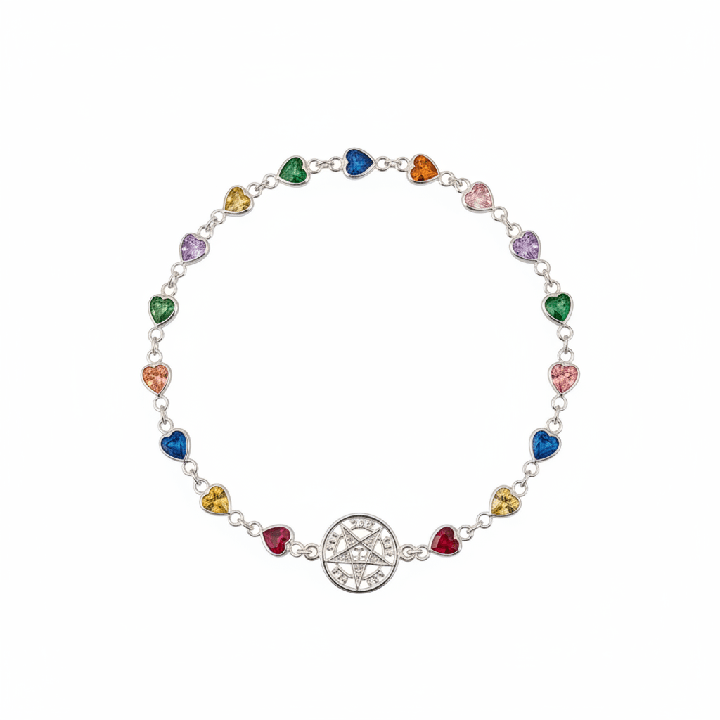 Pulsera Tetragramaton Plata con circonitas de colores corazones Consagrada - Amuleto espiritual Joyería / PulserasTienda esotérica Málaga - Tata Magic: tienda Esotérica en Málaga