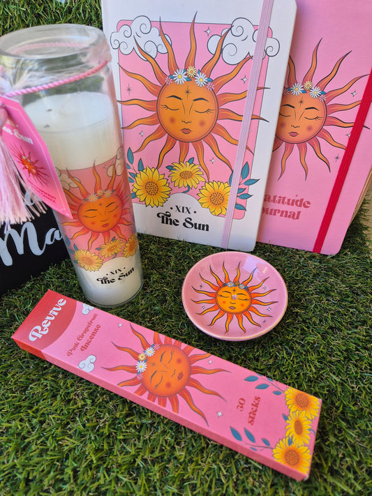 Pack Regalo Sol con Diario, Libreta ,Portaincienso, Incienso y Vela de Cristal - Luz y Energía Positiva
