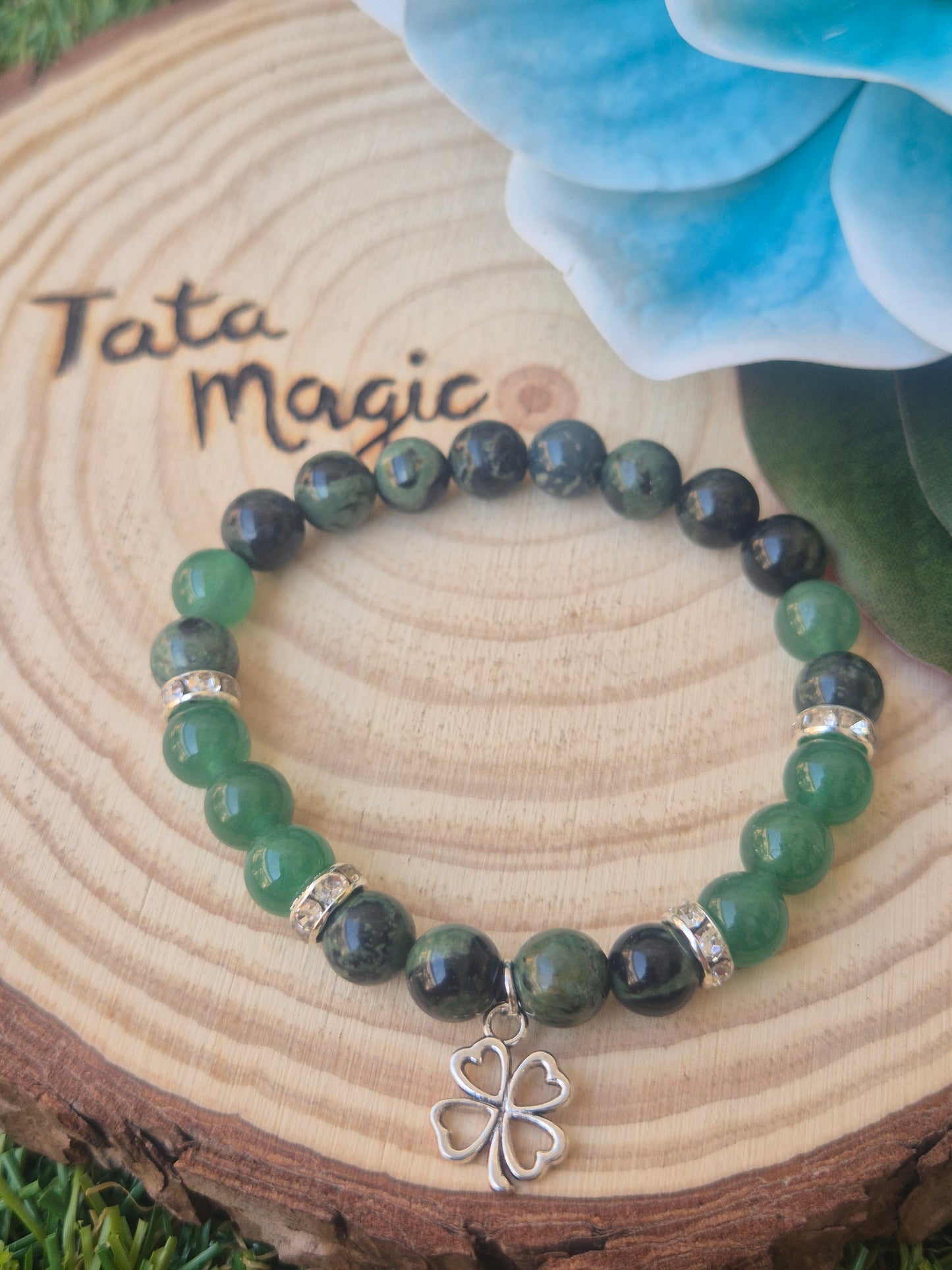 Pulsera de Jaspe Kambaba con Aventurina Verde y Trébol 8mm-Prosperidad y Equilibrio