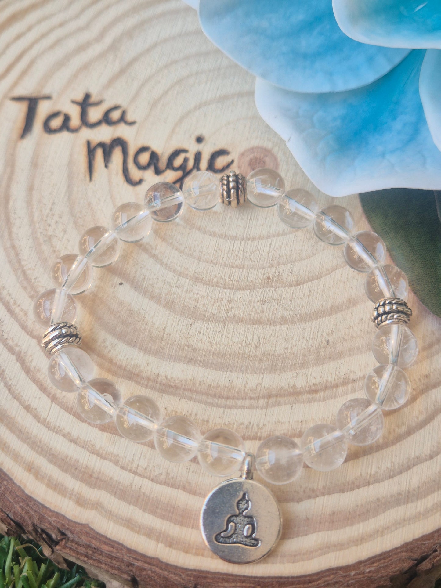 Pulsera de Cristal de Roca Con Budha 8mm-Claridad y Paz Interior