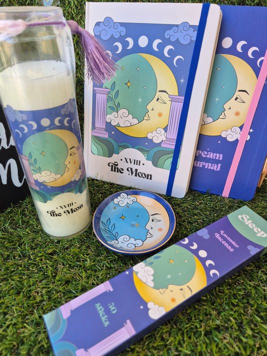 Pack Regalo Luna con Diario, Libreta, Portaincienso, Incienso y Vela de cristal - Intuición y Energía Lunar