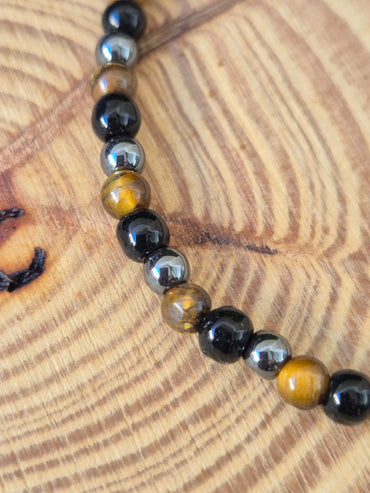 Pulsera Triple Protección 4mm - Ojo de Tigre, Obsidiana y Hematita