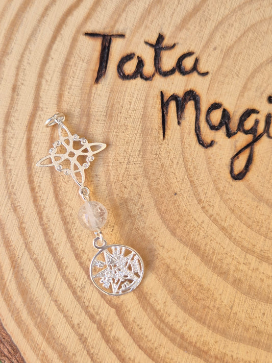 Colgante de Plata Doble Protección de Nudo de Bruja y Tetragrammaton con Cuarzo Blanco(sin cadena) consagrado