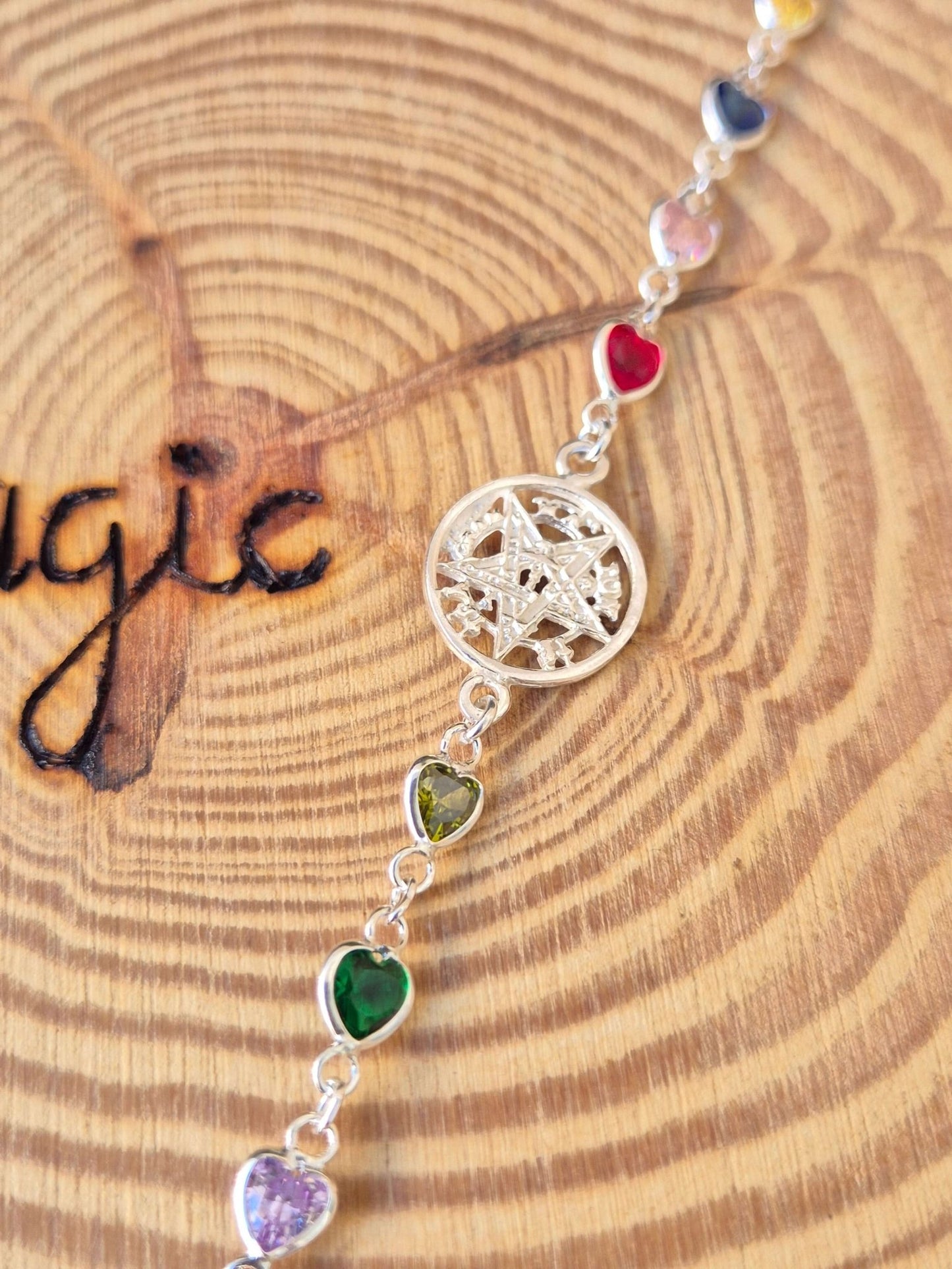 Pulsera Tetragramaton Plata con circonitas de colores corazones Consagrada - Amuleto espiritual Tienda esotérica Málaga - La Tienda de Tata Magic: tienda Esotérica en Málaga