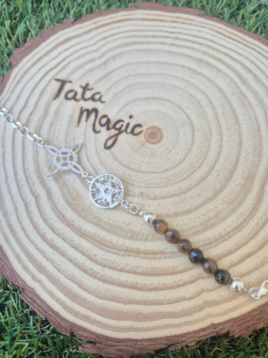 Pulsera Doble Protección de Plata con Nudo de Bruja con Tetragrammaton y Ojo de Tigre Facetado Consagrada