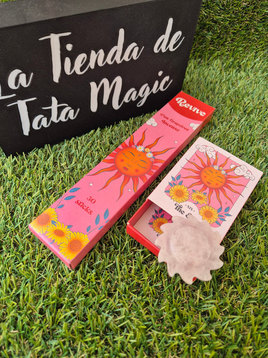 Pack Incienso + Mineral de Cuarzo Rosa Sol - Amor, Armonía y Bienestar