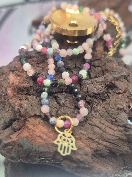 Collar Mineral Turmalina Sandia Facetado con Arbol de la Vida