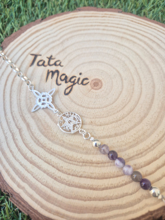 Pulsera Doble Protección en Plata con Nudo de Bruja y Tetragrammaton con Amatista Consagrada