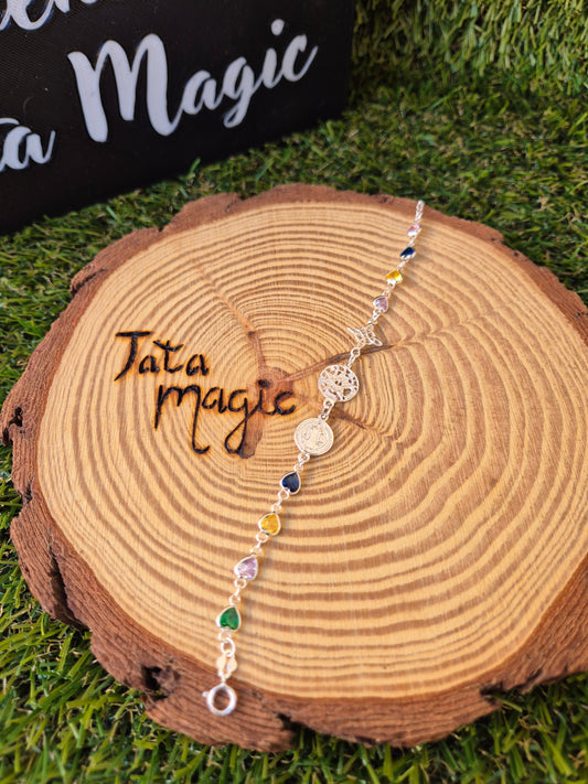 Pulsera Triple Protección con circonitas de colores de corazon en Plata