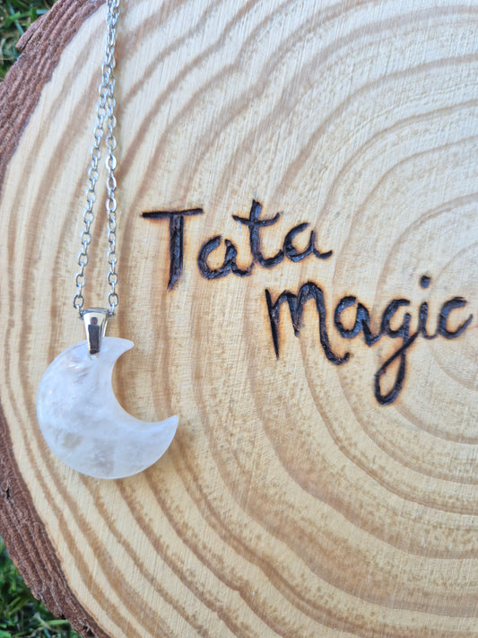 Colgante Luna de Cuarzo Blanco en Acero Inoxidable - Claridad y Protección Energética Consagrado