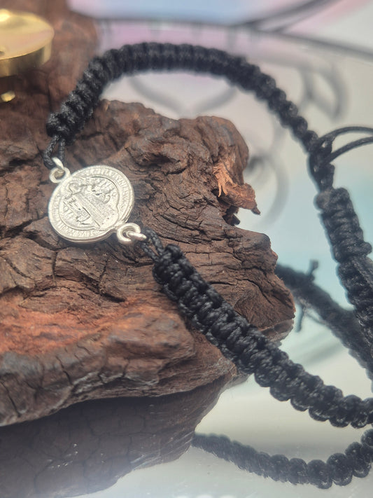 Pulsera Cuerda Plata 925 Medalla San Benito