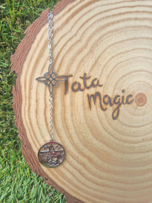 Colgante Doble Protección Nudo de Bruja con Tetragrammaton en Acero Plateado consagrado