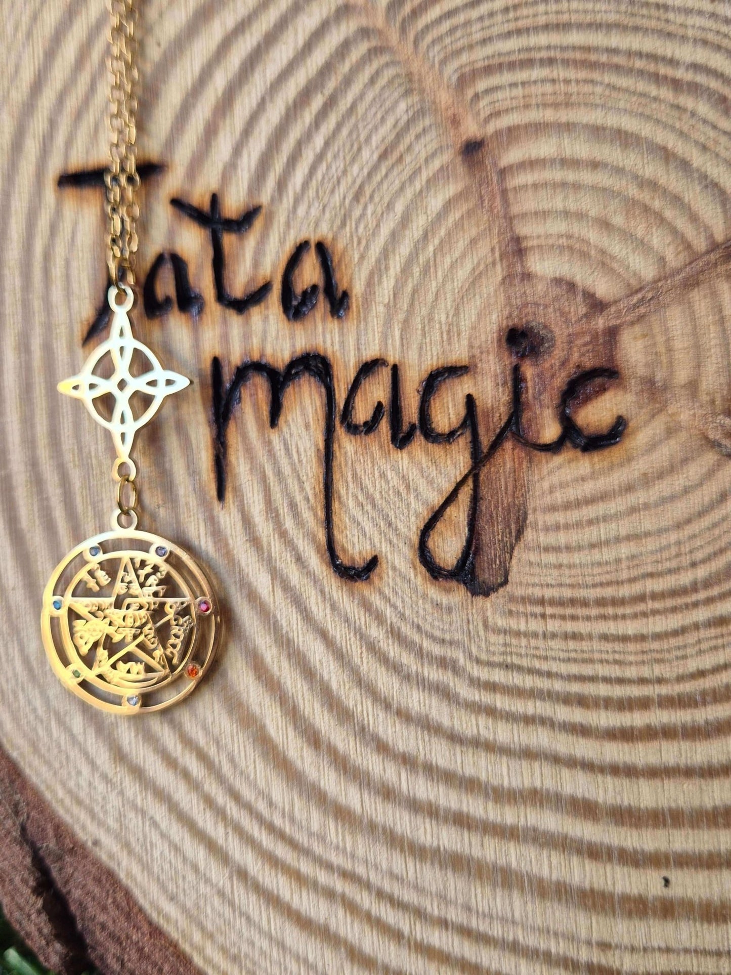 Colgante Doble Protección Con Circonitas en Acero Dorado consagrado Tienda esotérica Málaga - La Tienda de Tata Magic: tienda Esotérica en Málaga
