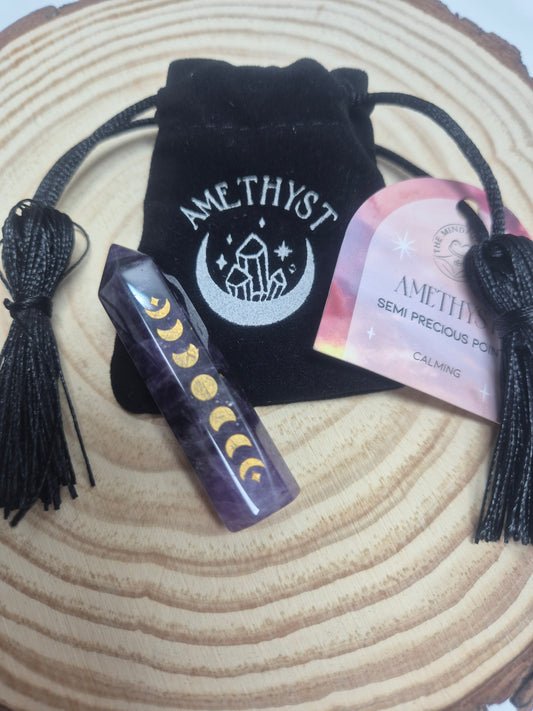 Punta Amatista con fases lunares doradas 5cm-calma interior y sabiduría infinita