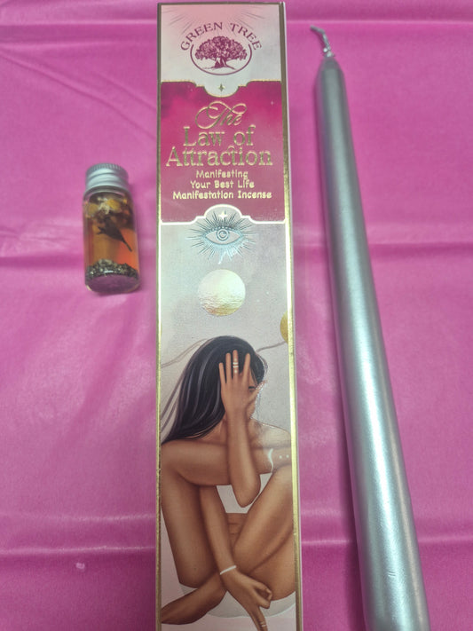 Incienso Ley de la Atracción Green Tree + Vela Plateada para Manifestar + Miel de la Abundancia
