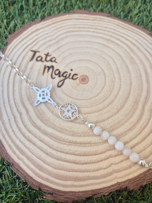 Pulsera Doble Protección de Plata Nudo de Bruja con Tetragrammaton y Con Cuarzo Blanco Consagrada
