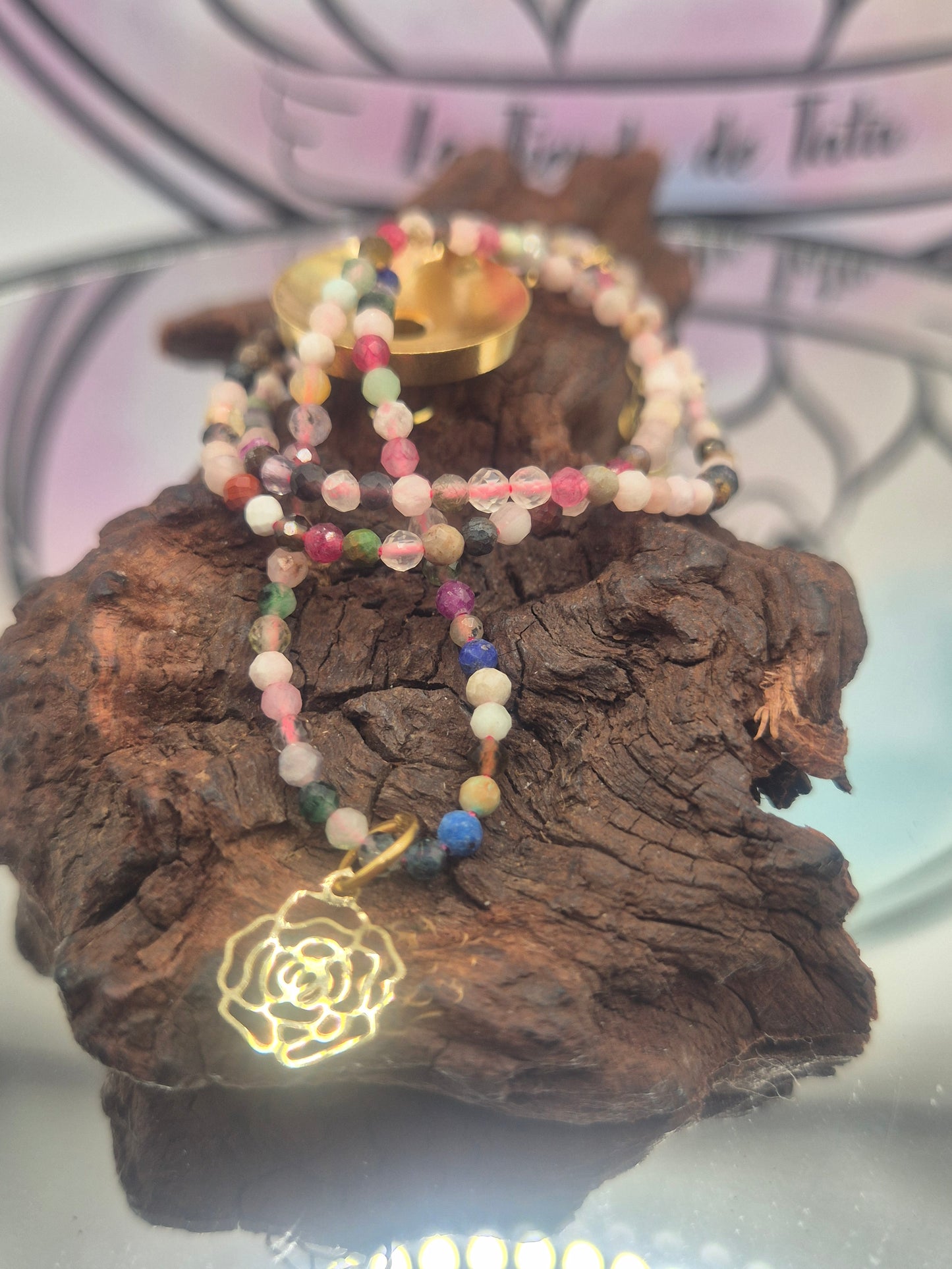 Collar Mineral Turmalina Sandia Facetado con Arbol de la Vida