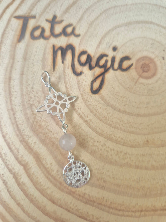 Colgante de Plata Doble Protección con Nudo de Bruja y Tetragrammaton con Cuarzo Rosa (sin cadena) consagrado