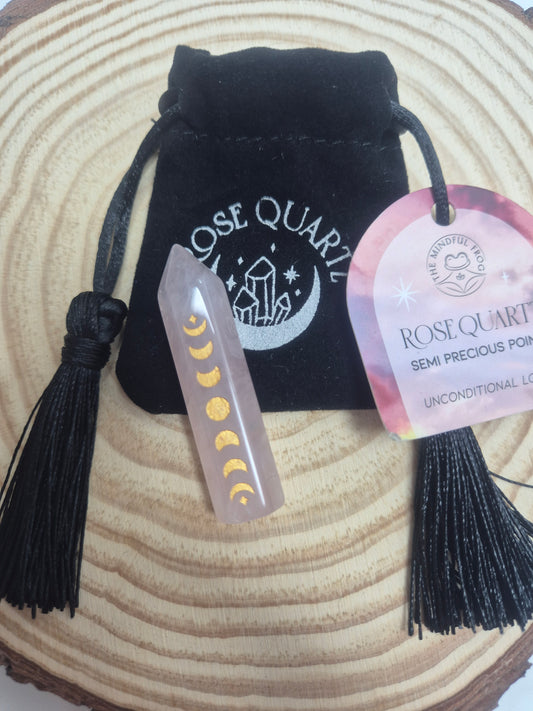 Punta Cuarzo Rosa con fases Lunares 5cm-amor incondicional y ritmo del alma