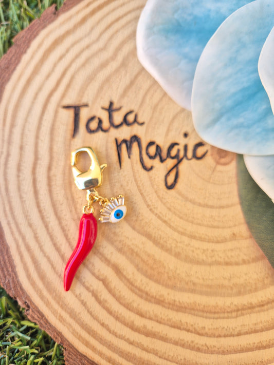 Colgante Cornicello con Ojo Turco en Cobre Consagrado para Bolso, Llavero - Amuleto contra Envidias