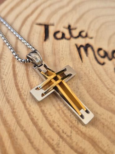 Colgante Cruz en Acero Plateado y Dorado Consagrada - Protección y Equilibrio Unisex Tienda esotérica Málaga - La Tienda de Tata Magic: tienda Esotérica en Málaga