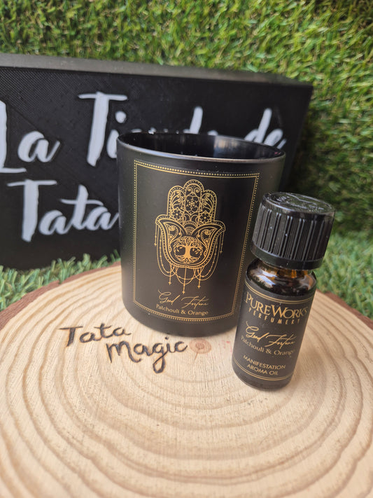 Pack Vela + Aceite Pureworks Buena Fortuna / Pachuli y Naranja - Energía, Prosperidad y Éxito
