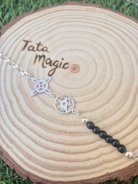 Pulsera Doble Protección en Plata con Nudo de Bruja y Tetragrammaton con Ónix Consagrada