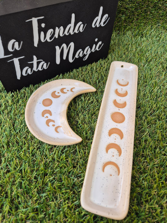 Pack Portaincienso y Plato de Cerámica Blanca Con Fases de La Luna - Decoración Esotérica