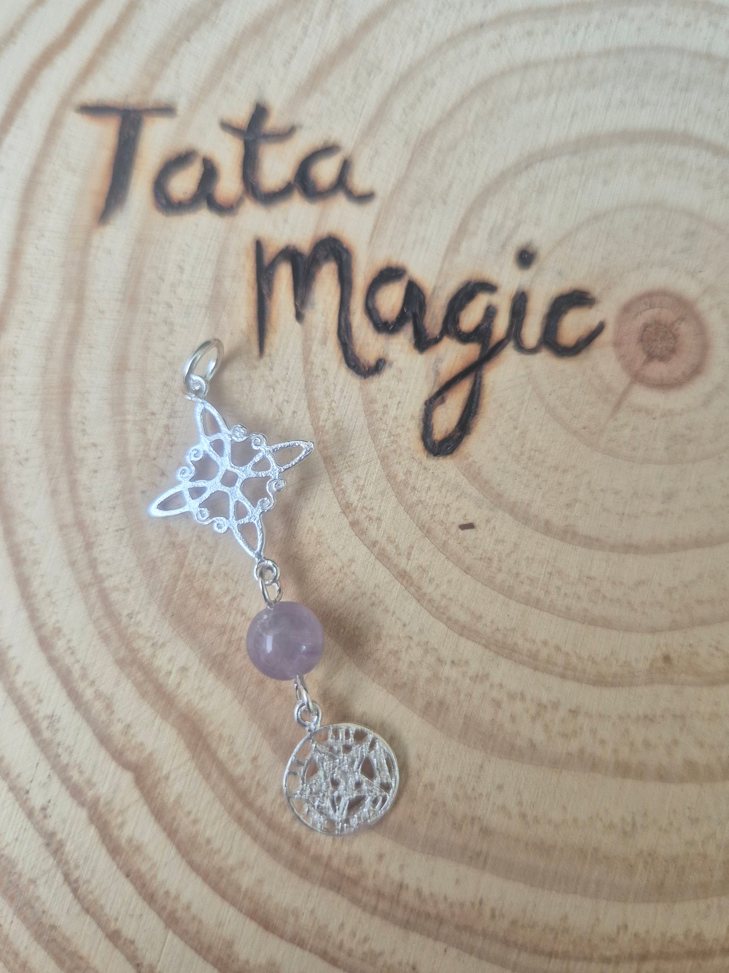 Colgante de Plata Doble Protección de Nudo de Bruja y Tetragrammaton con Amatista (sin cadena) consagrado
