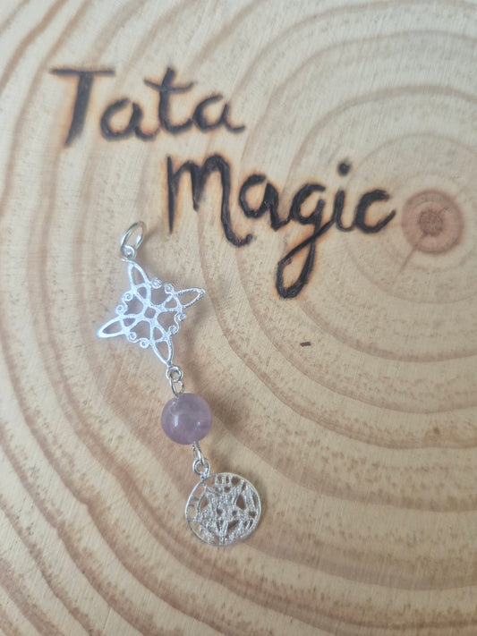 Colgante de Plata Doble Protección de Nudo de Bruja y Tetragrammaton con Amatista (sin cadena) consagrado