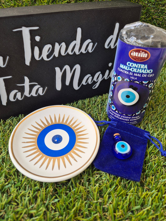 Pack Mal de Ojo Velón + Portaincienso + Botellita de Regalo - Protección y Limpieza Energética
