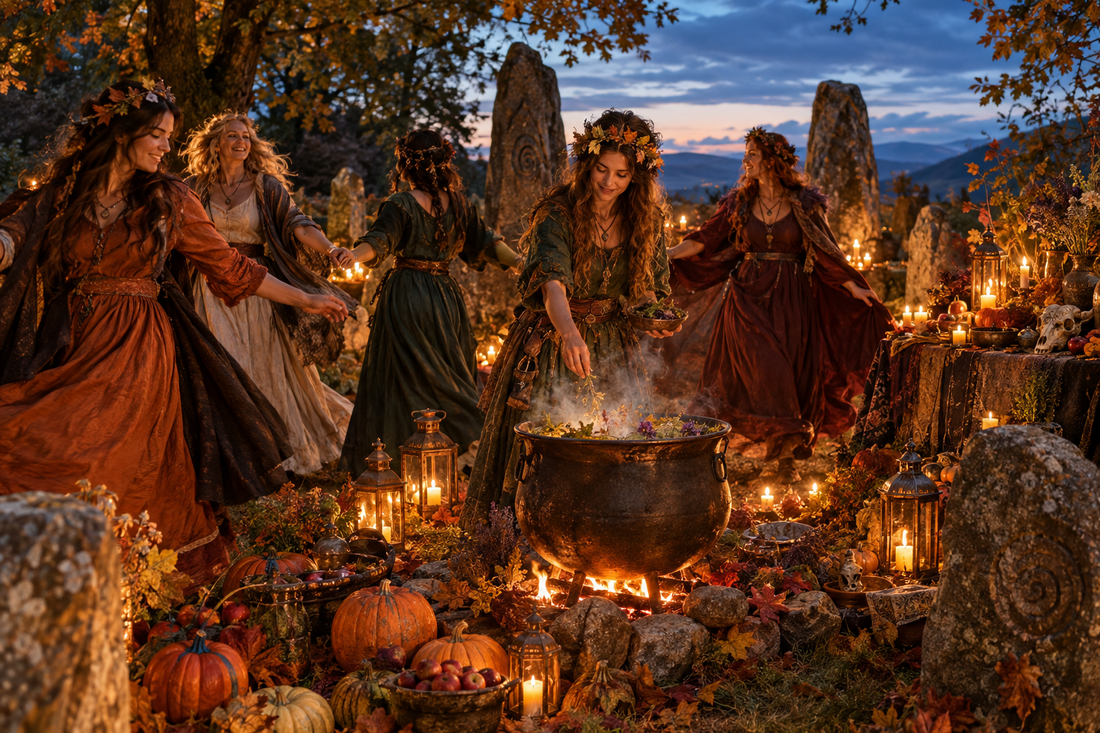 Celebración de Samhain con mujeres adultas bailando alrededor de un caldero, calabazas, velas y calaveras decorativas en un bosque al atardecer