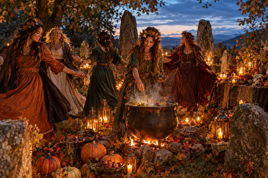 Celebración de Samhain con mujeres adultas bailando alrededor de un caldero, calabazas, velas y calaveras decorativas en un bosque al atardecer